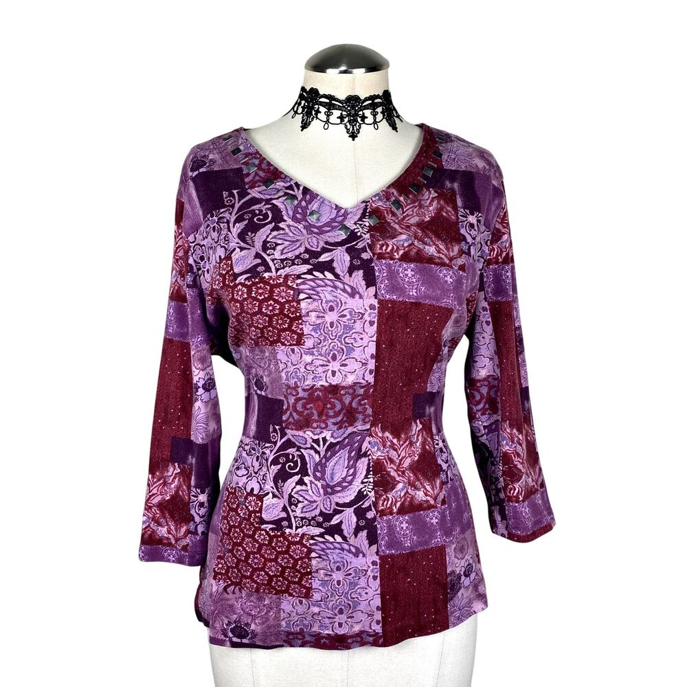 Y2K Studded Patchwork Floral Paisley Whimsigoth Purple Fairy Boho 3/4 Sleeve Top